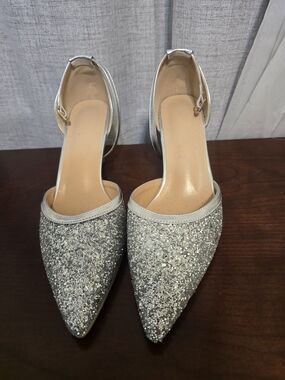 Silver Glitter Pointed Toe Ankle Strap Flats - Women